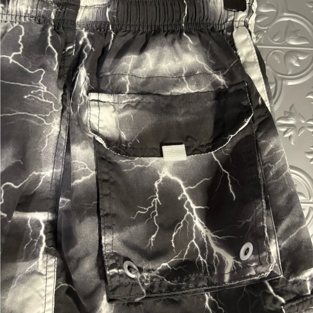 Outlooks Y2K 90s mens Black Swim Trunks shorts grey lightning print Board Shorts